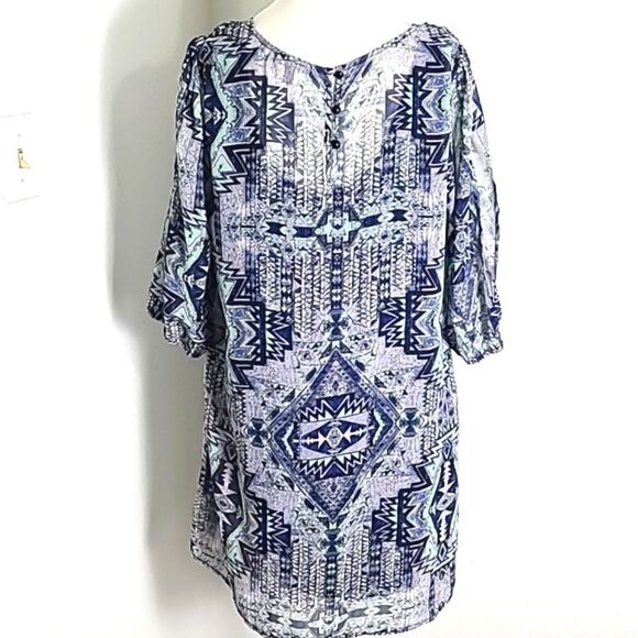 BeBop Blue & Purple Aztec Print Mini-Dress, Sheer with Lining, Size Large - Picture 9 of 12